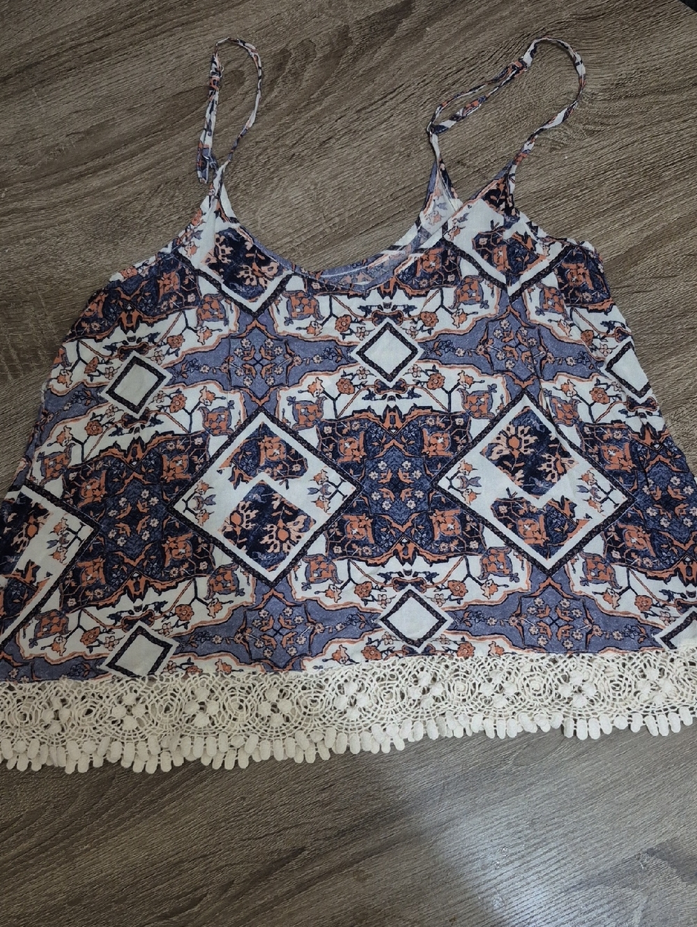 Abercrombie & Fitch Navy and Peach Printed Crochet-Hem Cami